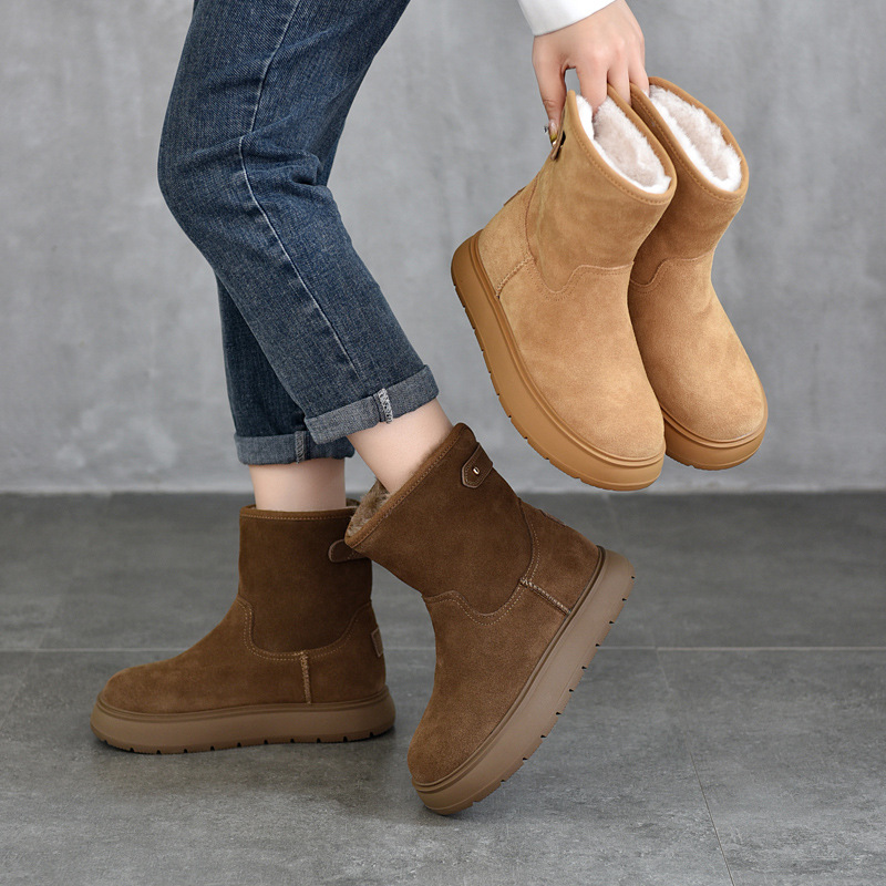 Winter Warm Thickeneded Cotton Shoes Thick-Soled Genuine Leather Snow Boots Women's Short Boots 2 Cowhide Fleece-Lined Cotton Boots