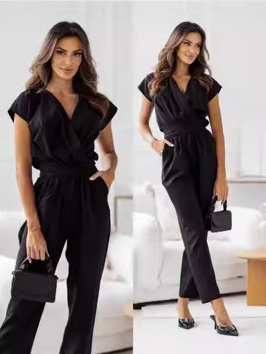 European and American cross-border elegant 24-year-old summer new women's solid color waist lace-up V-neck sleeve pocket jumpsuit