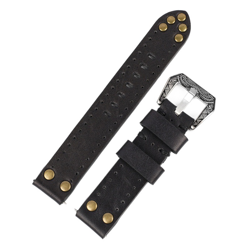 Cowhide polished vintage watch strap genuine leather men's 18 20 22 24mm nail Willow top layer leather watch strap flower buckle accessories