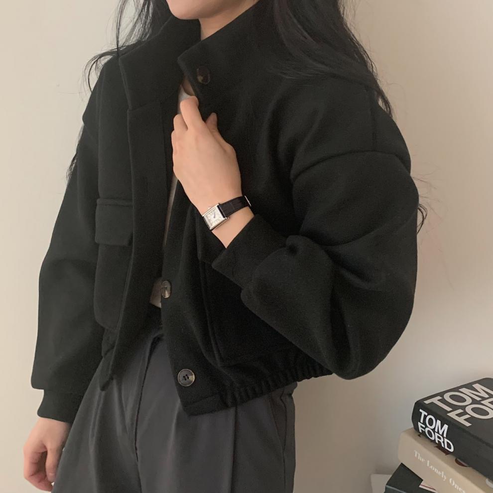 Picture of Autumn and Winter Loose Woolen Coat for Women Plus Size Pocket Small Stand Collar Top Long Sleeve Button Hong Kong Style Woolen Women's Clothing Wholesale