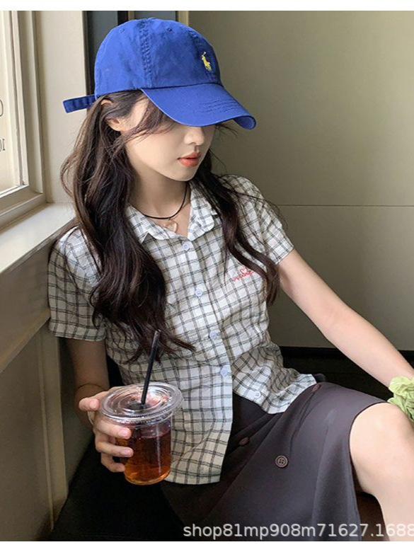 2025 Summer Thin Homemade Plaid Short-sleeved Shirt Women's Summer Korean Style Retro College Style Niche Design Top