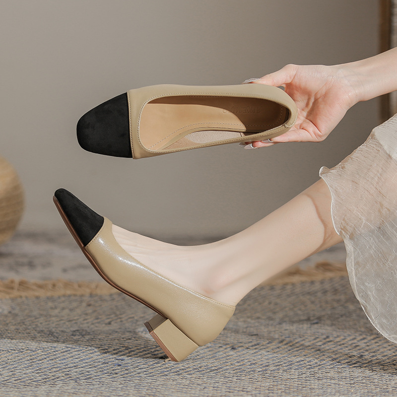 Sheepskin Color-matching Chanel Style Chunky Heel Single-layer Shoes Women's Spring and Autumn 2024 New Sandals Mid-heel Ladyshoes French High Heel Shoes