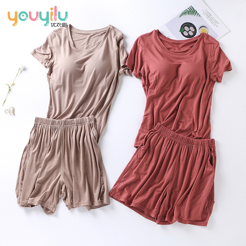 Picture of Modal Women's Suit Cup One-piece Short-sleeved Shorts Pocket-free Slimming Home Pajamas Suit Large Size Women