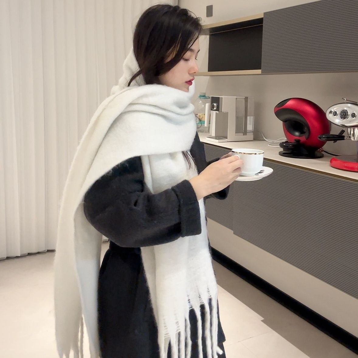 New Soft Waxy Mohair Solid Color Scarf Women's Winter All-match Thickened Imitation Cashmere Shawl Korean Style Warm Neck Fashion