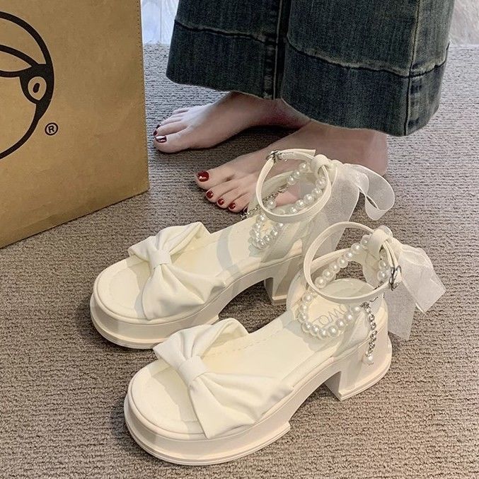 Bow Sandals Women's 2024 Summer Cyber Celebrity Fashion Elegant Pearl Fairy Style Small One-word Sandals