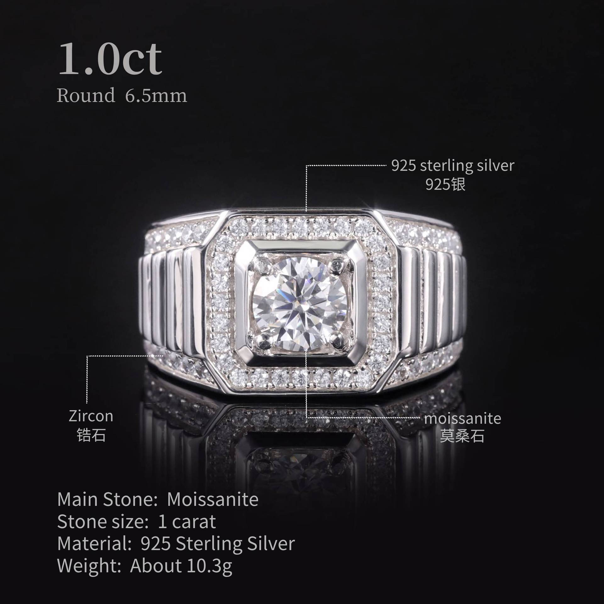 Niche Men's Ring Ootd with Gra Certificate S925 Silver Wedding Ring 1 Carat D Color Moissanite Geometric Design