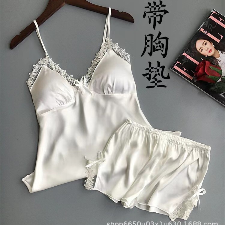 Sexy Lingerie Nightgown Korean Style with Breast Pads Sexy Lace Satin Suspenders Large Size Pajamas Thin Home Women's Suit