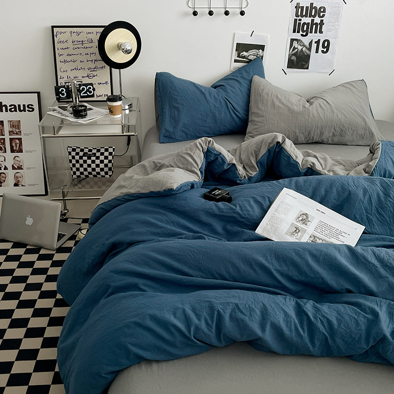 Picture of Four-piece bed set A can sleep naked wash cotton quilt cover solid color bed sheets student dormitory three-piece bed hat wholesale 4