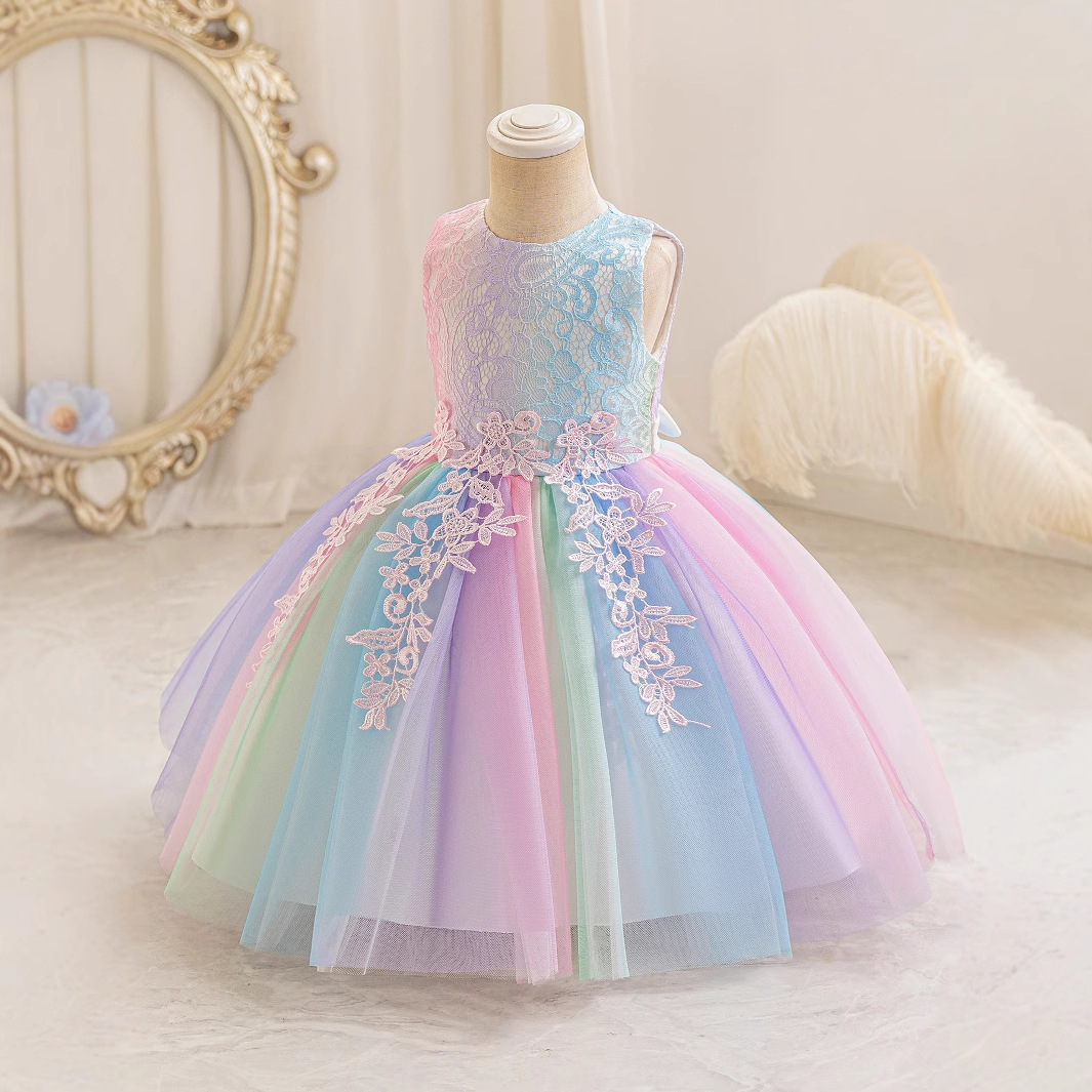 Cross-border Girl's Rainbow Skirt dress Children's Seven-color Performance Clothing Pengpeng Yarn Flower Girl Dress Skirt Foreign Trade in stock