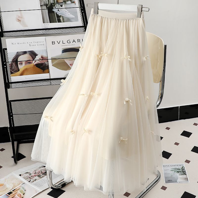 Spring and Autumn Gauze Skirt Women's Half-length Gauze Skirt Bow Elegant Skirt Women's Mid-length Large Umbrella Skirt
