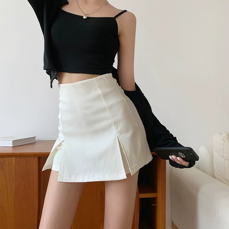 Black split skirt plus size short skirt women's summer 2024 New chubby girl slimming small high waist A- line skirt pants