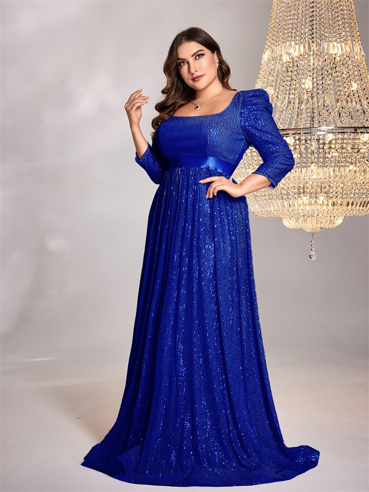 European and American Cross-Border Hot-Selling Sequined Blue Long-Sleeved Plus Size Evening Dress Slimming Banquet Elegant Dress for Women in Stock