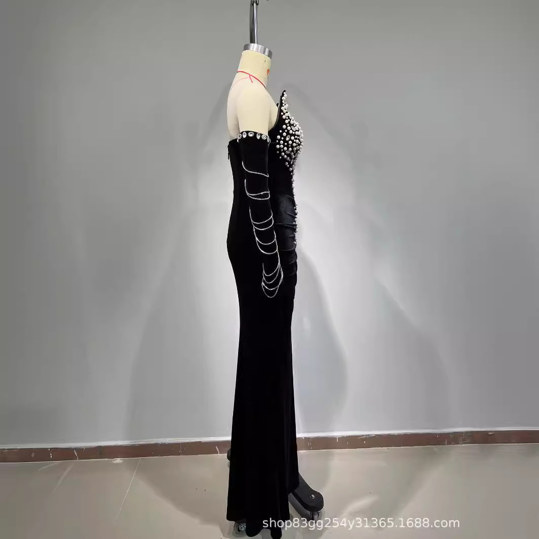 Picture of European and American fashion new velvet tube top beaded rhinestone with gloves Elegant party banquet adult ceremony evening dress