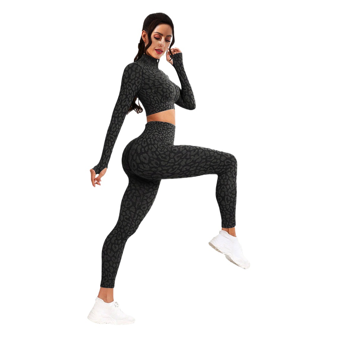 Cross-border European and American sports fitness leopard zipper shirt high waist hip pants slim long sleeve pants two-piece suit wholesale