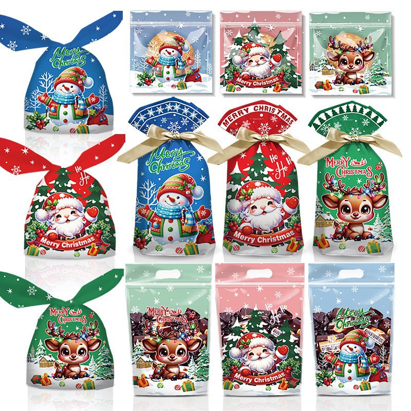 Christmas Candy Apple Bag Baked Snowflake Crisp Nougat Plastic Packaging Bag Drawstring Flap Pocket Pants Self-Sealing Stand-Up Bag