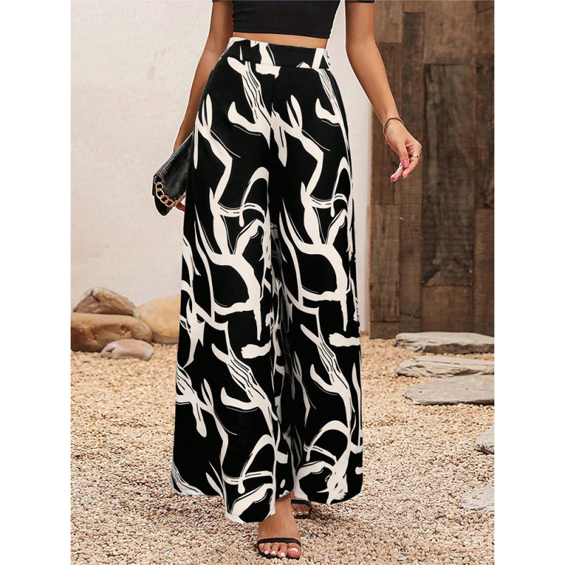 Picture of European and American Amazon Cross-border Foreign Trade Summer New Chiffon Leaf Printed Casual Pants Temperament High Waist Wide Leg Pants for Women