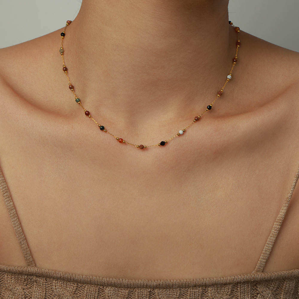 Picture of Minimalistic Fashion Niche Personality All-match Geometric Jewelry Mix and Match Natural Stone Beaded Design Titanium Steel Jewelry suit