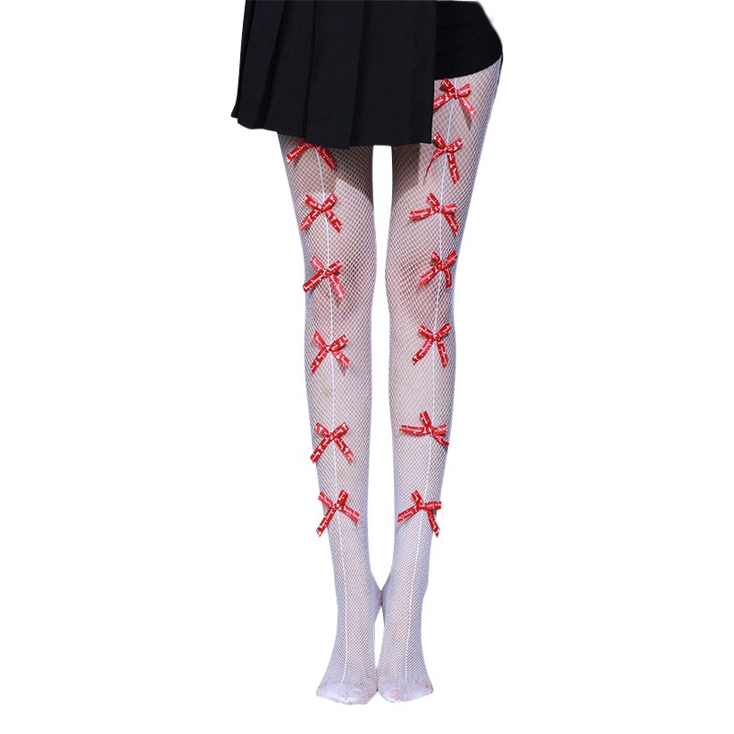 Mesh socks sweet and desire ins style dark series multiple bow letters hollow pantyhose black JK mesh socks