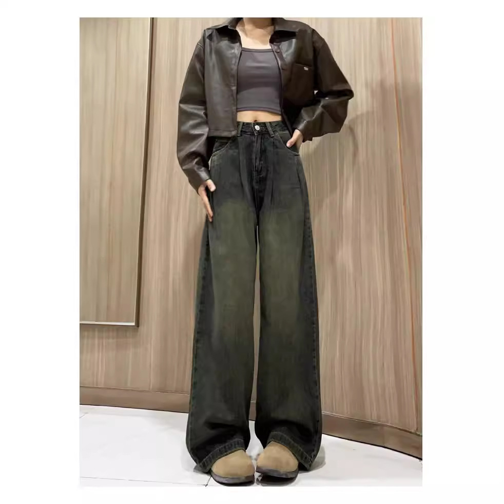 2024 Early Autumn New Cement Grey Wide Leg Jeans Women's Spring and Autumn All-match Loose Retro High Waist Straight Trendy Pants