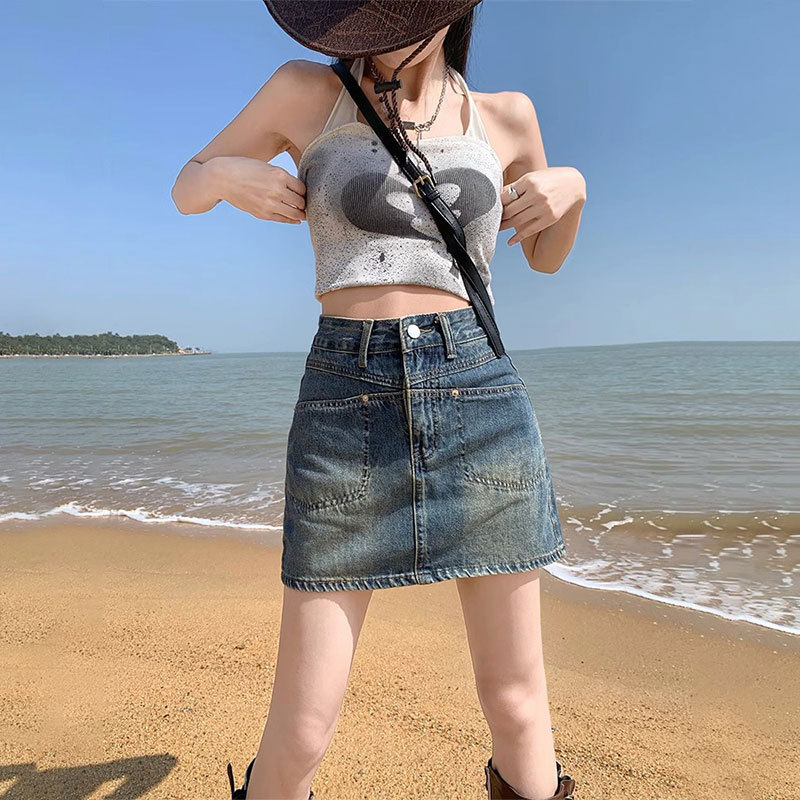 Vintage Denim Short Skirt Women's Ins Style High Waist Casual Pocket Split Design Sense Hip A- line Korean Style Half-length Skirt