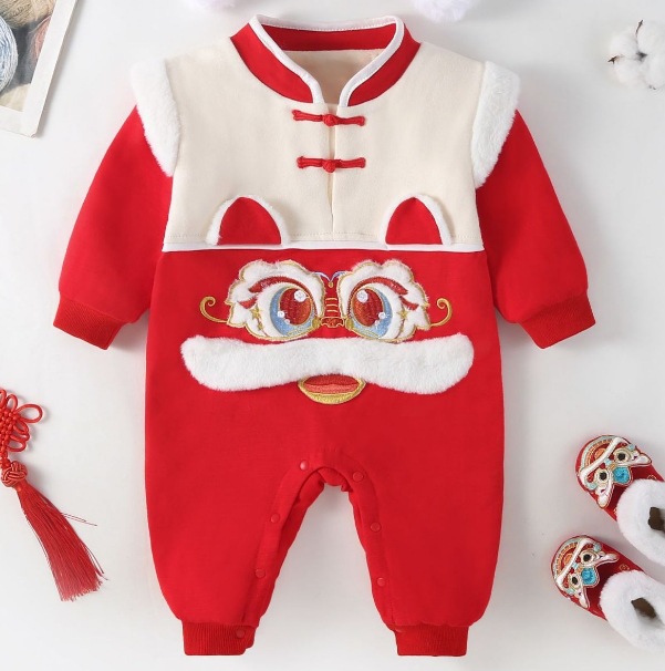 Picture of Chinese style winter baby romper New Year romper male and female baby double layer fleece-lined thickened Tiger year sweater New Year greeting clothes