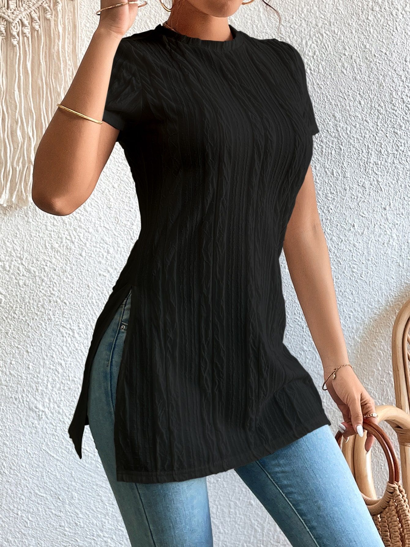 2024 summer cross-border new European and American elegant solid color top hem split short sleeve T-shirt