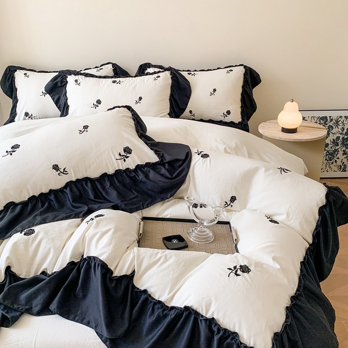 Hepburn Style Ins French Style 100 Skin-Friendly Cotton Four-Piece Set Black Rose Embroidered Wide Edge Lace Quilt Cover Bed 1.8