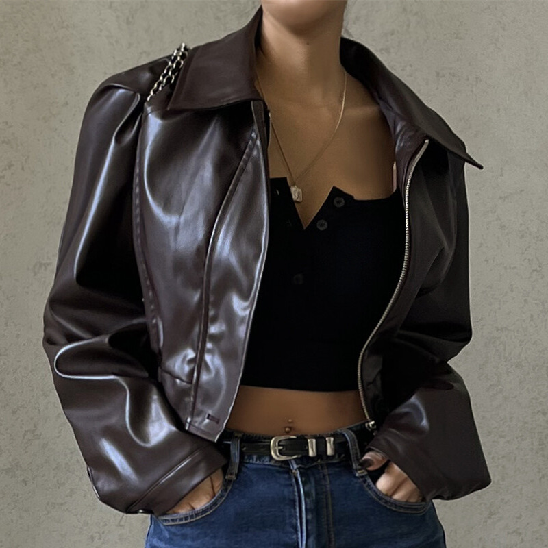 European and American women's retro elegant lapel zipper PU leather American casual jacket coat fashion jacket coat for women