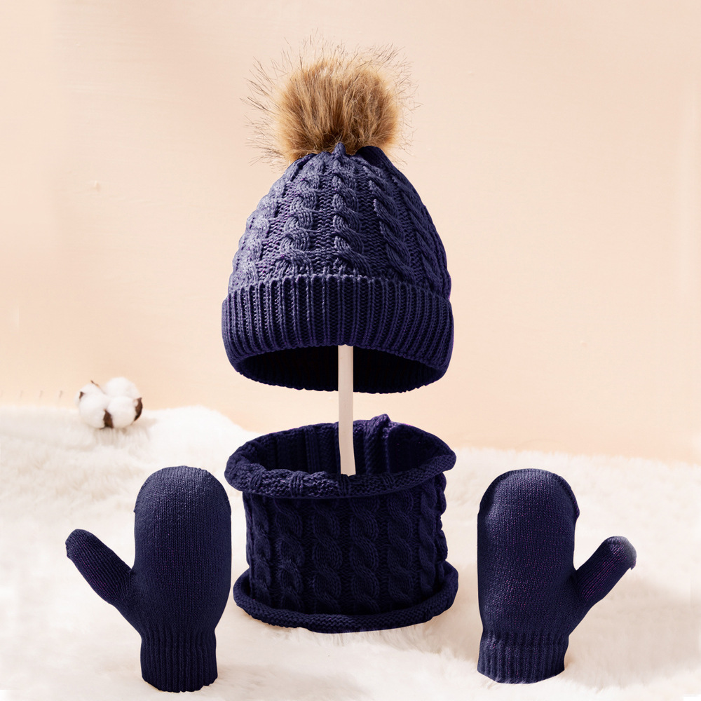 Picture of New wool monochrome twist warm children's hat scarf gloves two or three-piece spot children's hat set