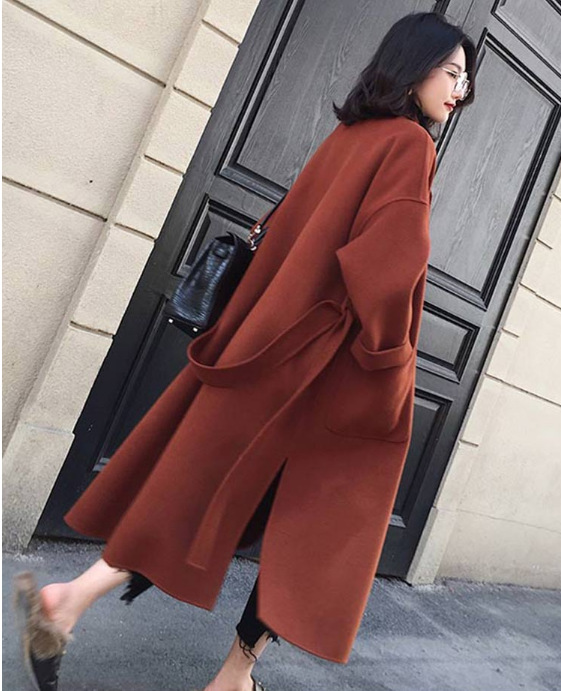 Picture of Black Woolen Coat Women's Winter Super Long Over-the-knee Lace-up Profile Double-sided Cashmere Handmade Woolen Coat