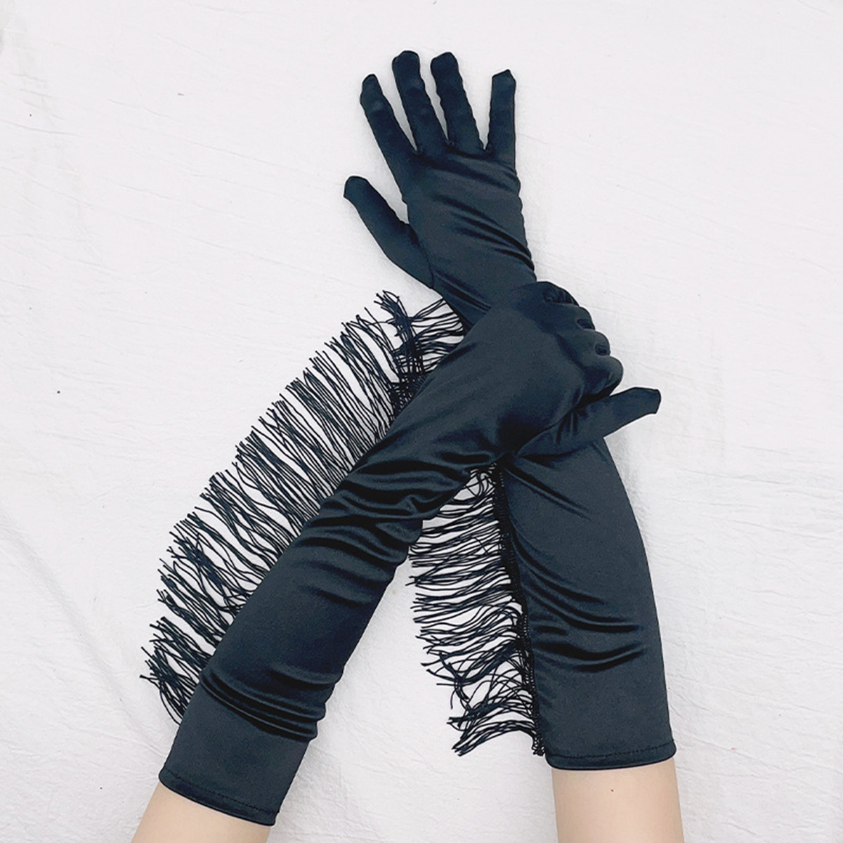 Gloves European and American Long Gloves Black and White Sun Protection Black Prom Party Performance Extended Tassel Five-Finger Gloves Latin Dance