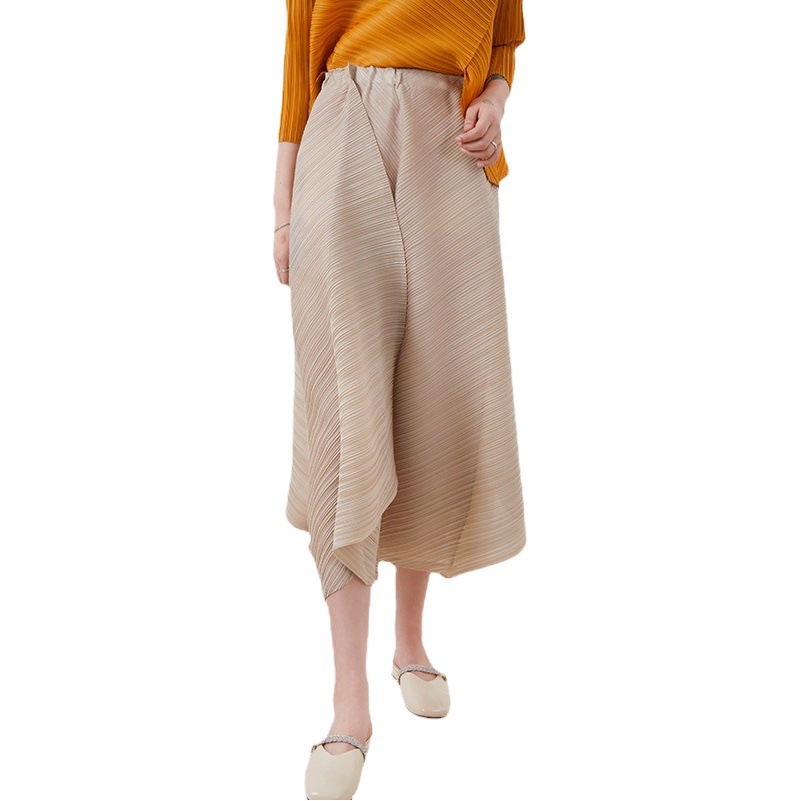 Miyake Style Pleated Wide-Leg Pants for Women, Kelp, Fashionable, High-Waisted, Slim, Casual, Versatile, Loose, Large Size, Nine Points