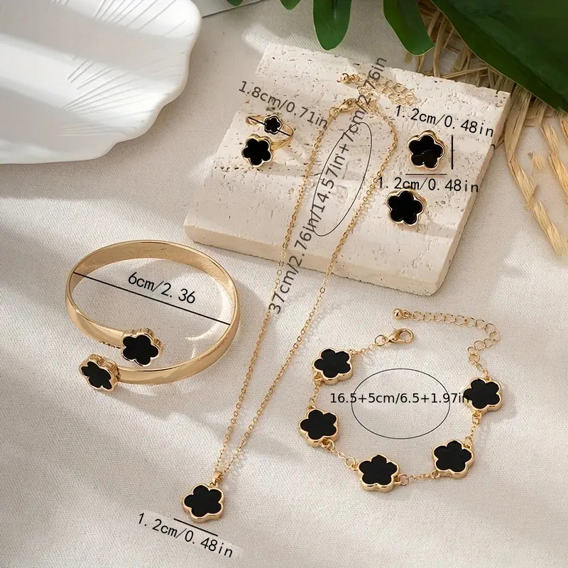 Picture of temu Hot Sale Bright Lucky Flower Jewelry suit Acrylic Bracelet Bracelet Five Leaf Clover Necklace Ring Earrings for Women