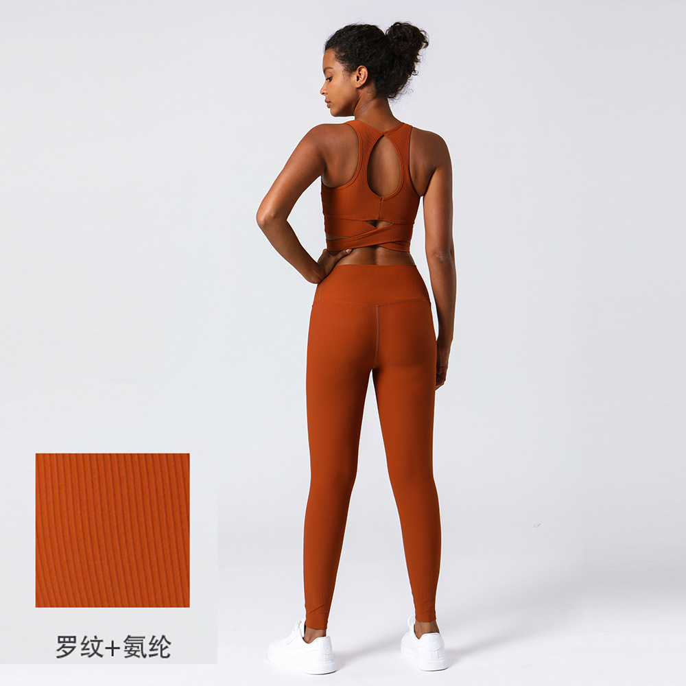 European and American New Rib Yoga suit Women's High Waist Hip Lifting Fitness suit High Elastic Tight Yoga Clothes Women