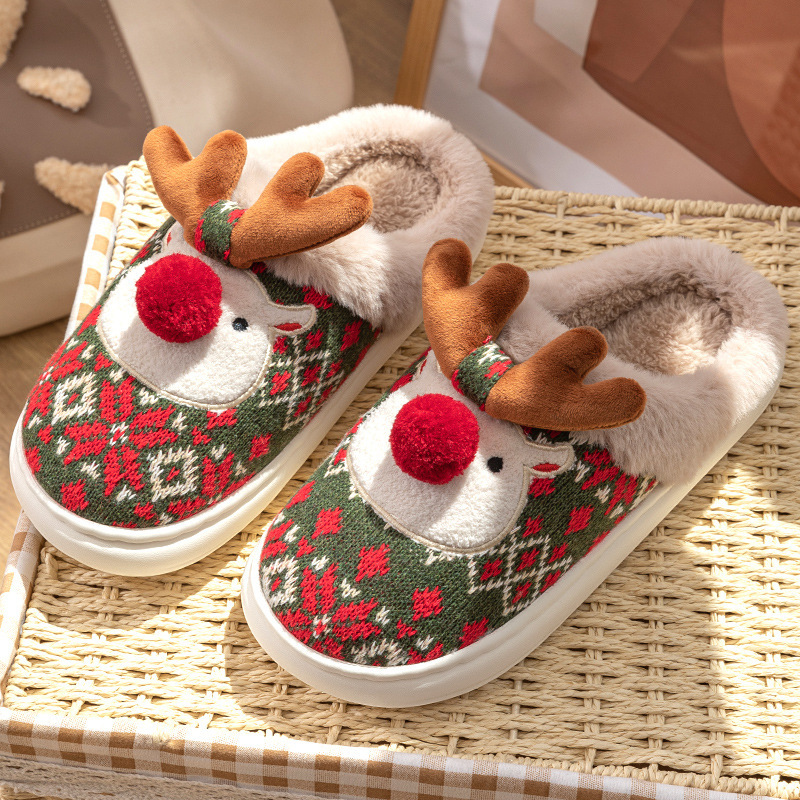 Cross-Border Cotton Slippers Christmas Gift Elk Women's Home Winter Warm Furry Slippers Christmas Deer Men's Cotton Shoes