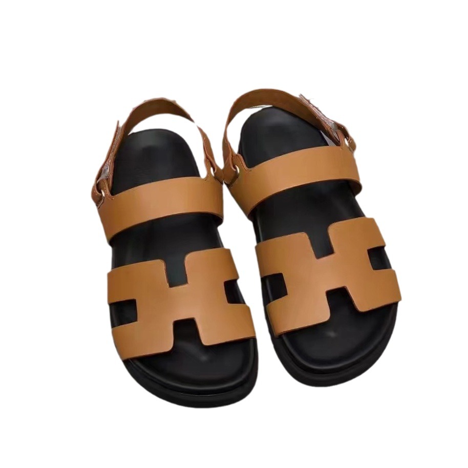 2024 Summer New Sandals Women's Foreign Trade Large Size One-word Velcro Buckle Strap European and American Casual Outwear Roman Sandals