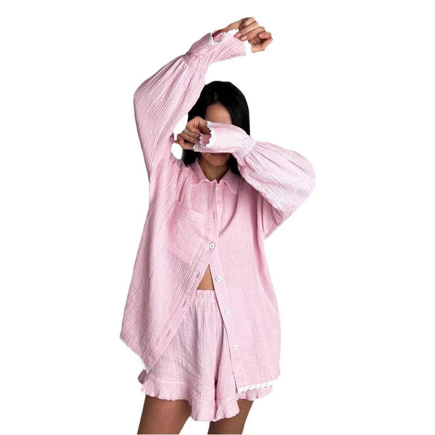 European and American Autum 2025 New Pink Cotton Cardigan Pajamas Two-Piece Set Lace Shorts Women's Home Clothes