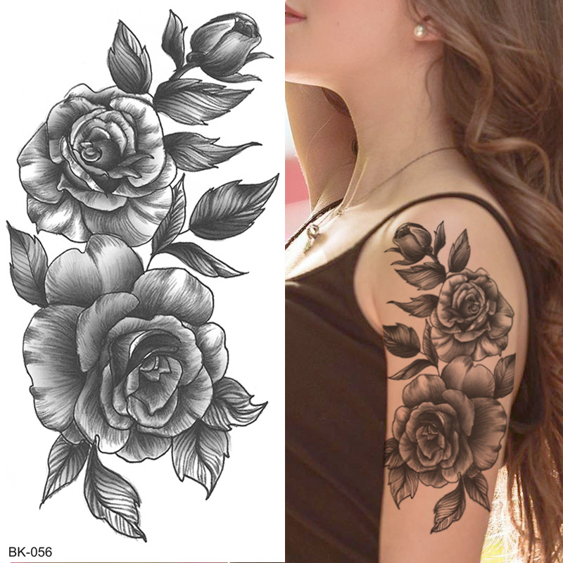 Picture of Cross-Border Supply of Sketch Flower Tattoo Stickers, Sketch Tattoo Stickers, Rose Flower Black and White Flower Tattoo