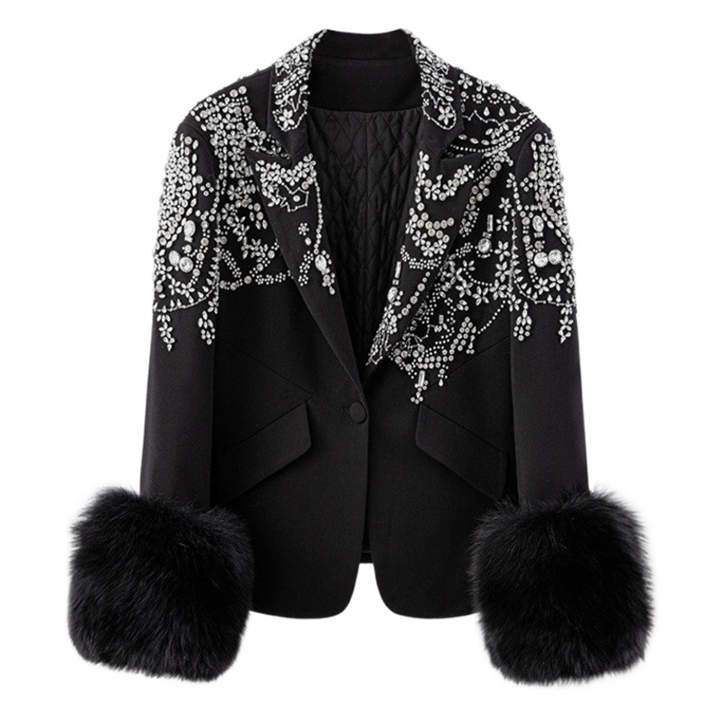 Picture of Spring and Autumn One-Button Long-Sleeved Dress Collar Heavy Industry Diamond Decoration Black Plush Cuff Slim-Fit Slimming Jacket for Women