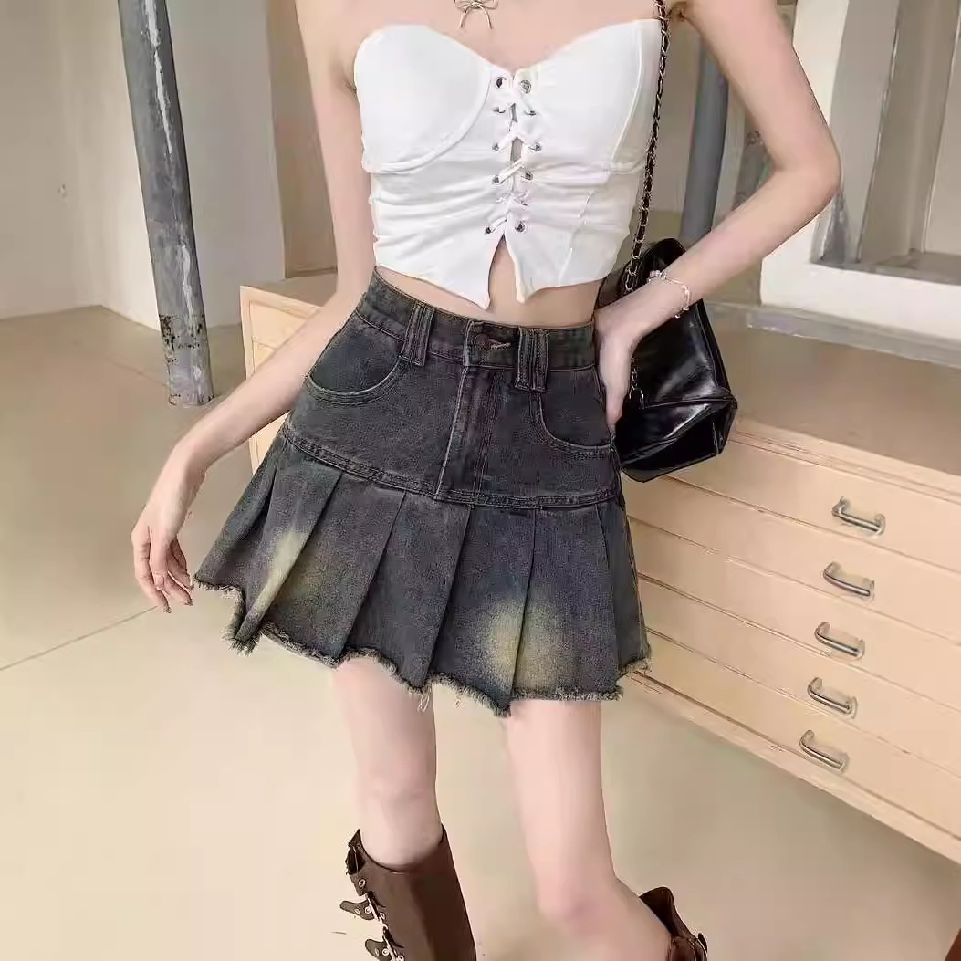 Vintage Pleated Denim Skirt Women's 2024 Summer New High Waist Loose Slimming A- line Short Skirt