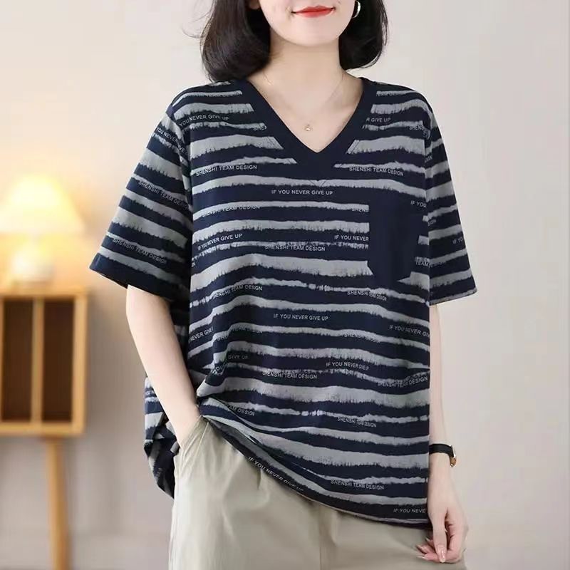 Summer plus size Striped Stylike Short-sleeved Women's V-neck Casual All-match Loose Flesh Covering Elegant T-shirt for Women