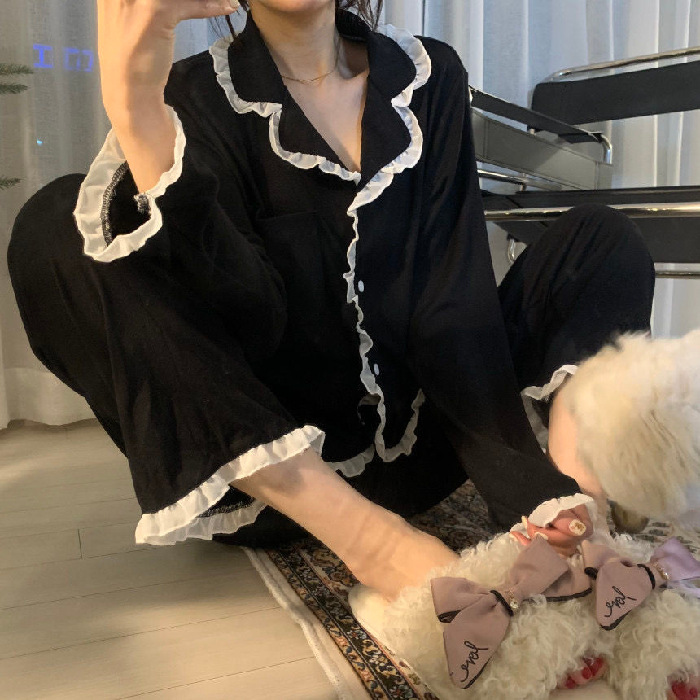 Picture of ins Cyber Celebrity Lace Long-sleeved Simple Black Spring and Autumn Long-sleeved Trousers Cardigan Pajamas Women's Sweet Loose Home Clothes