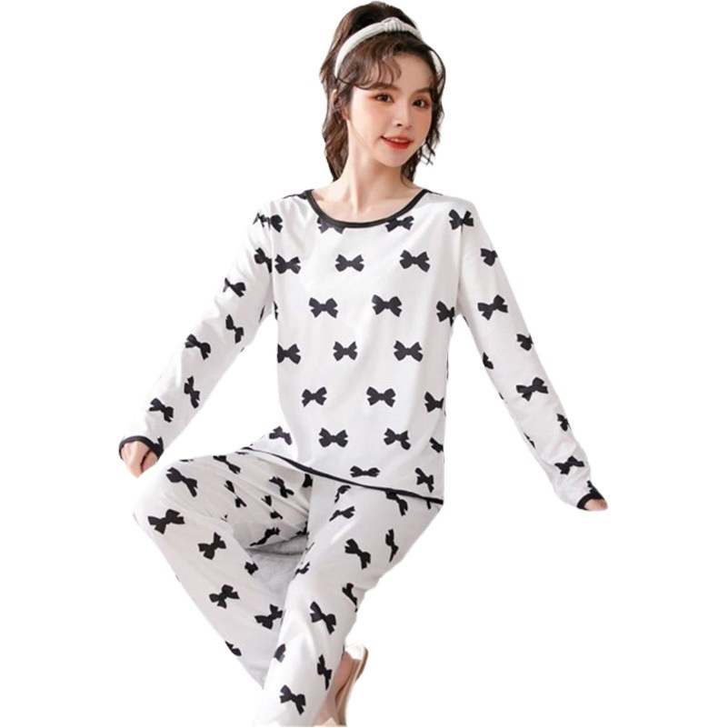 pajamas Foreign Trade Cross-border pajamas Women's Simple Spring and Autumn Long-sleeved Round Neck Loose Milk Silk Loose Home Clothes