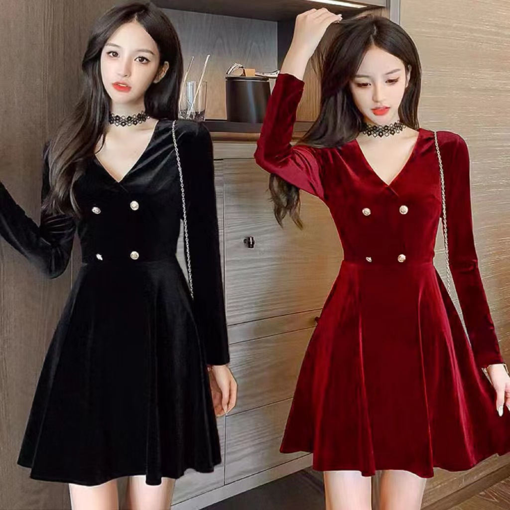 Autumn and Winter 2024 New Women's Niche Black Elegant Goddess Style Puffy Skirt Gold Velvet Dress Women's Spring & Fall