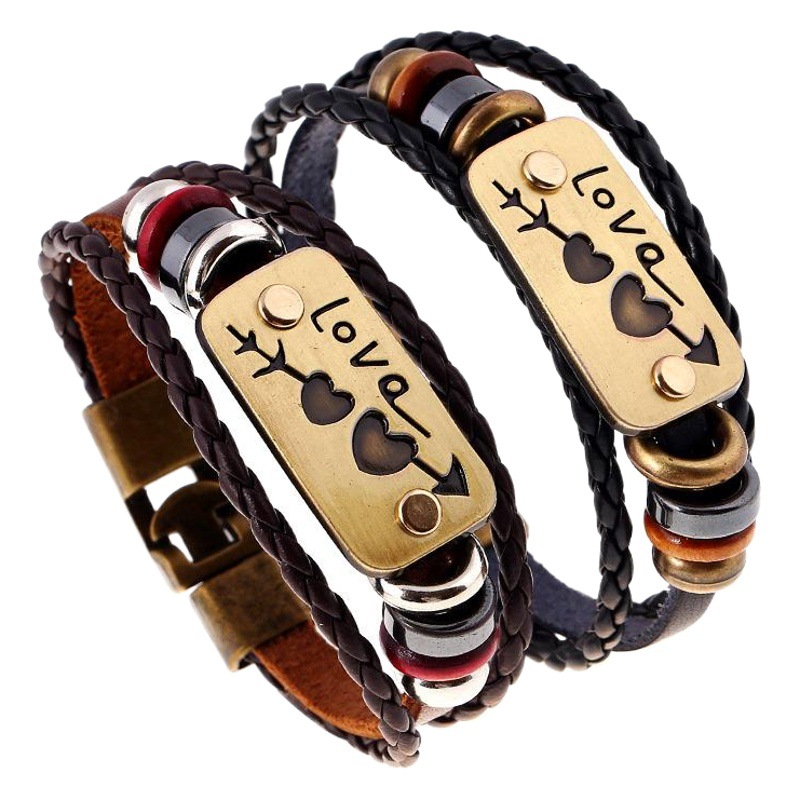 Korean Style Student Genuine Leather Couple Bracelet Woven Couple Women's Hand Rope One Arrow Through Heart Valentine's Day Gift Cowhide Bracelet