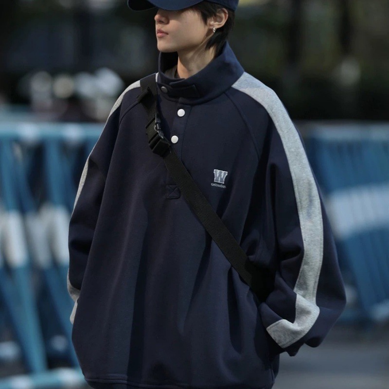 Picture of Cross-border American Retro Stitching Collar Casual Sweatshirt Personalized Fashion Couple Japanese Loose Pullover Jacket