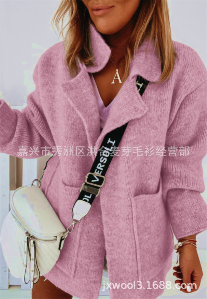 Picture of 2025 New European and American Street Suit Collar Large Pocket Loose Knitted Cardigan Sweater Women's Jacket Amazon Cross-Border