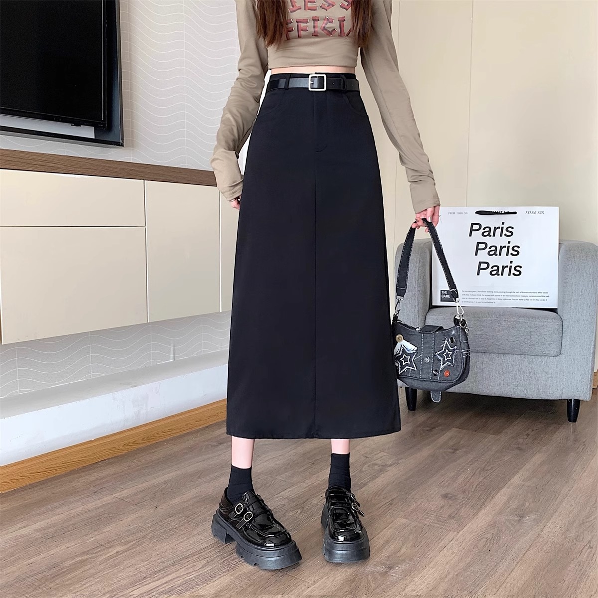 2024 Summer College Style Grey Suit Skirt Women's plus size chubby girl High Waist Pear Figure Hip Covering Straight Skirt