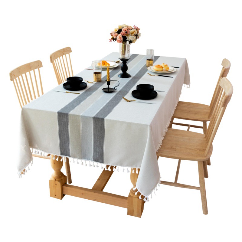 Modern Simple Fabric Striped Tablecloth Party Party Stitching Tassel Cotton Linen Dust-proof Table Mat Decorative Table Cover