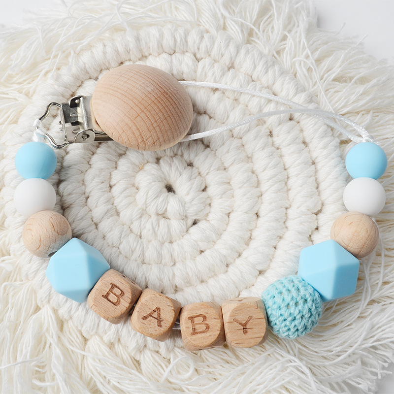 Picture of New Beech pacifier clip Beech letters BABY silicone octagonal beads wool crochet anti-drop chain